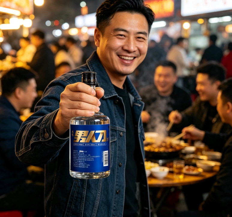 Holding Nanren Dao Jiu at a night market food stall, a real drinking scene