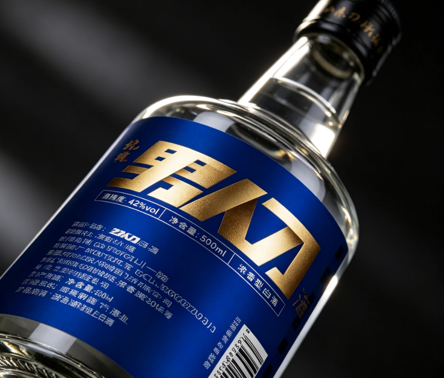 Close-up of the hot-stamped lettering on the Nanren Dao Jiu bottle, brand symbol and information hierarchy