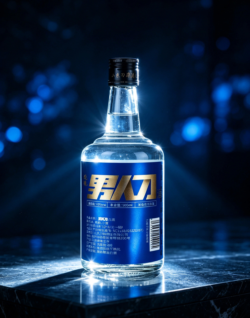 Single bottle of Nanren Dao Jiu under a spotlight amid deep blue light spots, presenting a high-end texture