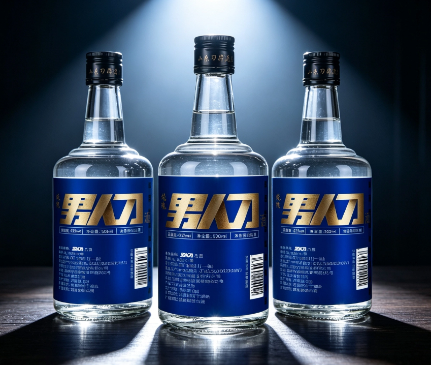 Three bottles of Nanren Dao Jiu in a triangular display, presenting a sense of brand array under the spotlight