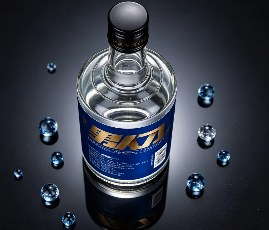 Close-up of the blue label detail, presenting brand texture against a black mirror background