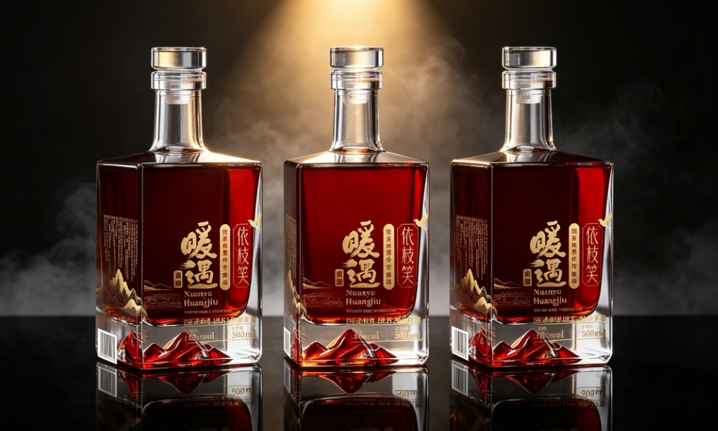 Three-bottle array display on black background