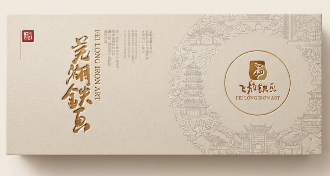 The book-style gift box as a whole, a restrained composition of off-white ground and gold-foil calligraphy