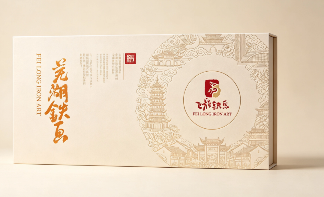 Circular composition on the box surface, line drawing linking Wuhu's landmark buildings