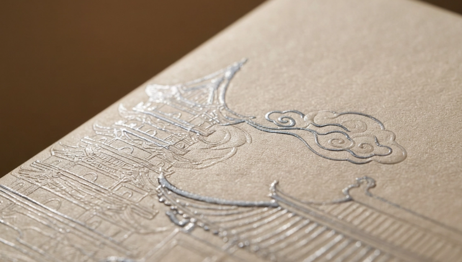 Detail of silver-gray line-drawing embossing, the raised texture simulating iron painting strokes