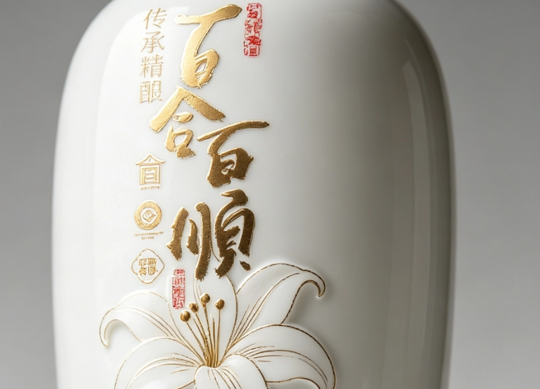 瓶身烫金百合浮雕特写