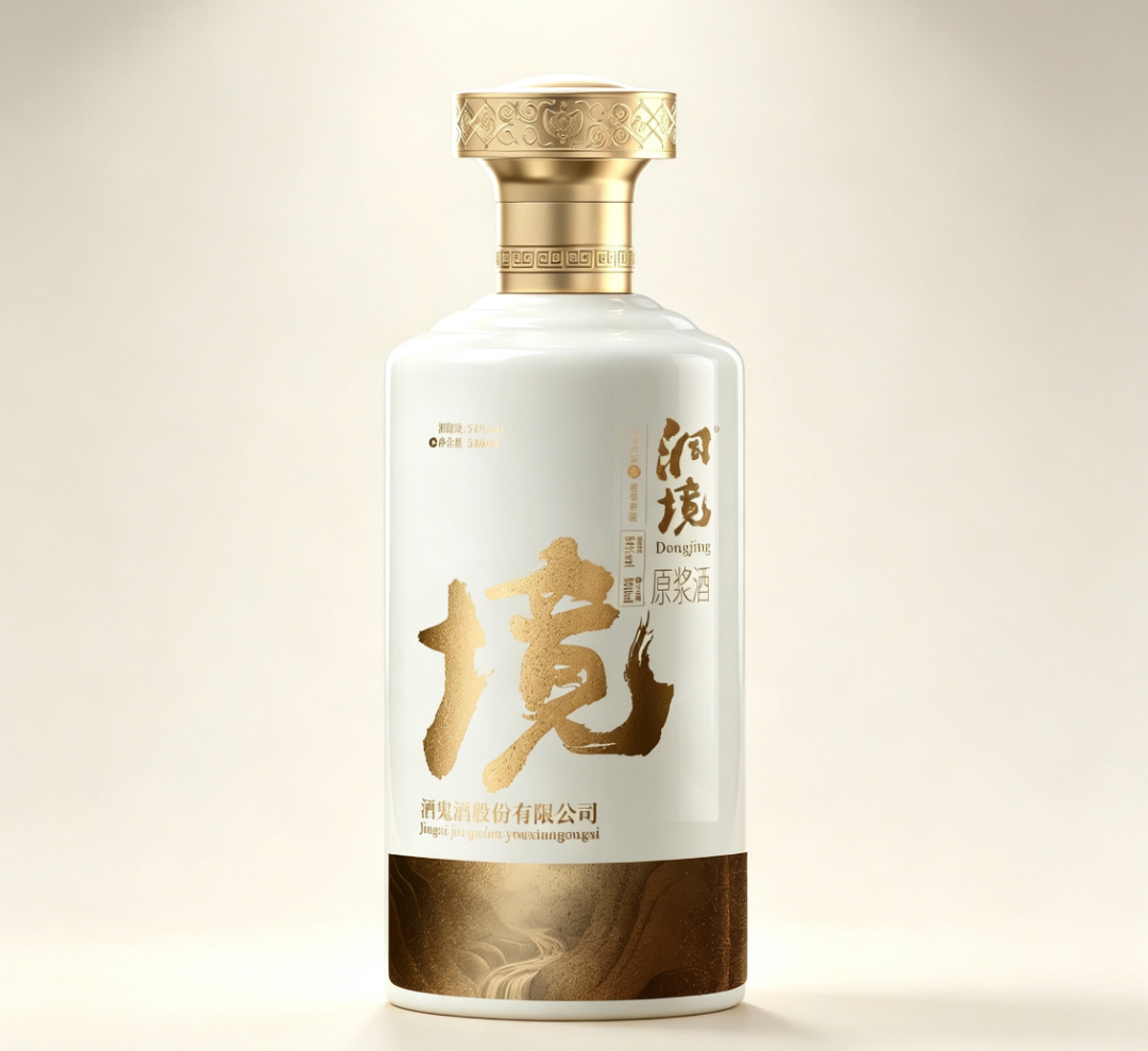 Dongjing Yuanjiang Jiu front visual on a pure white background, the full presentation of the white porcelain bottle and gold cap