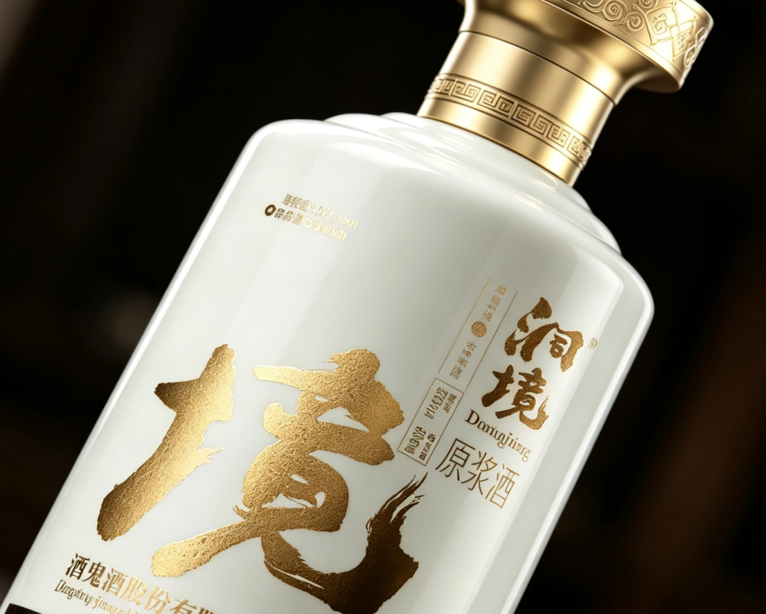 Close-up of the shoulder of the Dongjing Yuanjiang Jiu bottle, the brushstroke of the gold "境" character with its sandy-gold texture, and the fret-pattern relief on the cap