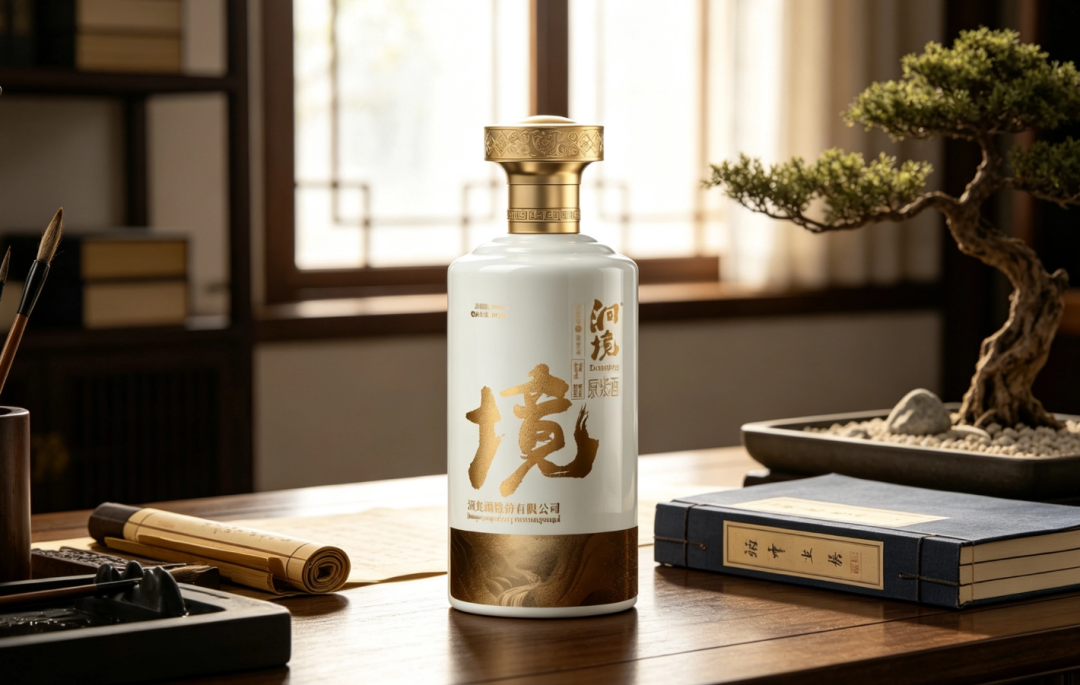Dongjing Yuanjiang Jiu in a Chinese-style desk scene, with a brush and scroll, a bonsai, and thread-bound books forming a literati living context