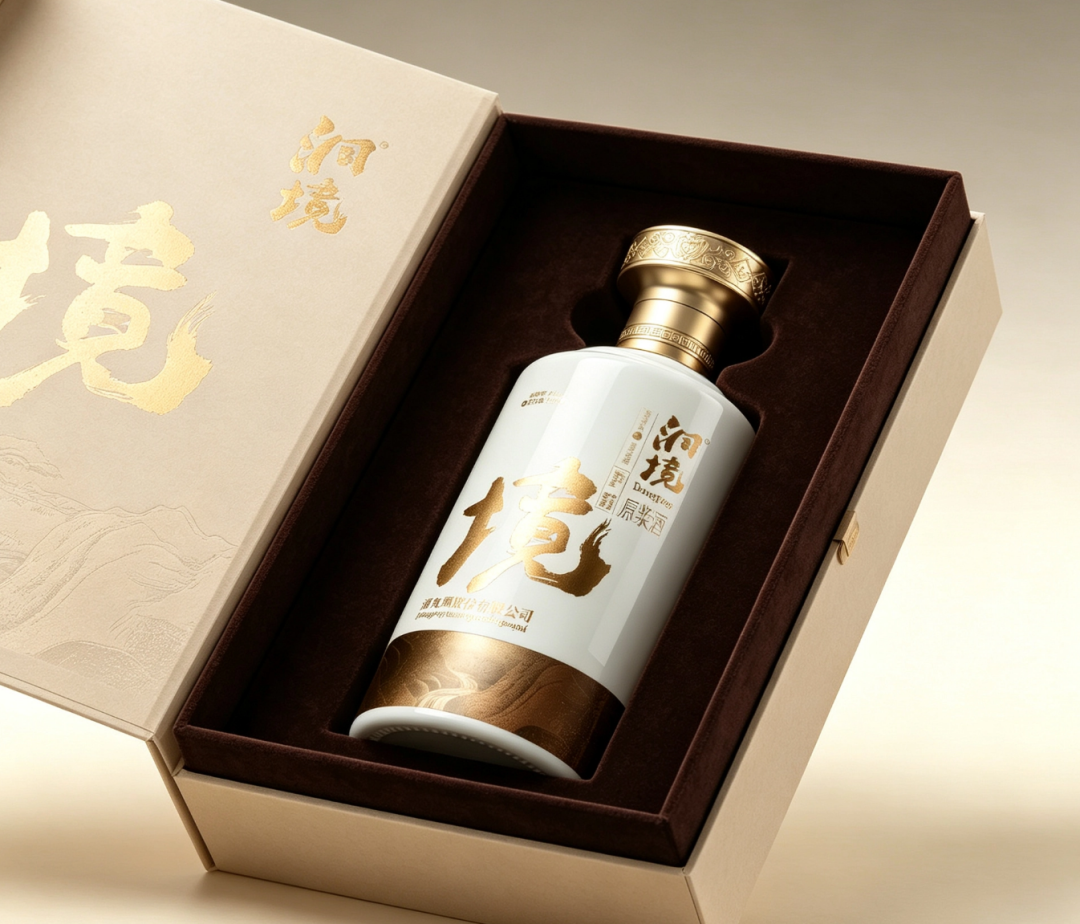 Dongjing Yuanjiang Jiu beige gift box shown open, with velvet-lined interior, custom recesses, and gold-foil stamping on the lid
